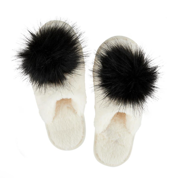 Ivory/Black Pom Slippers