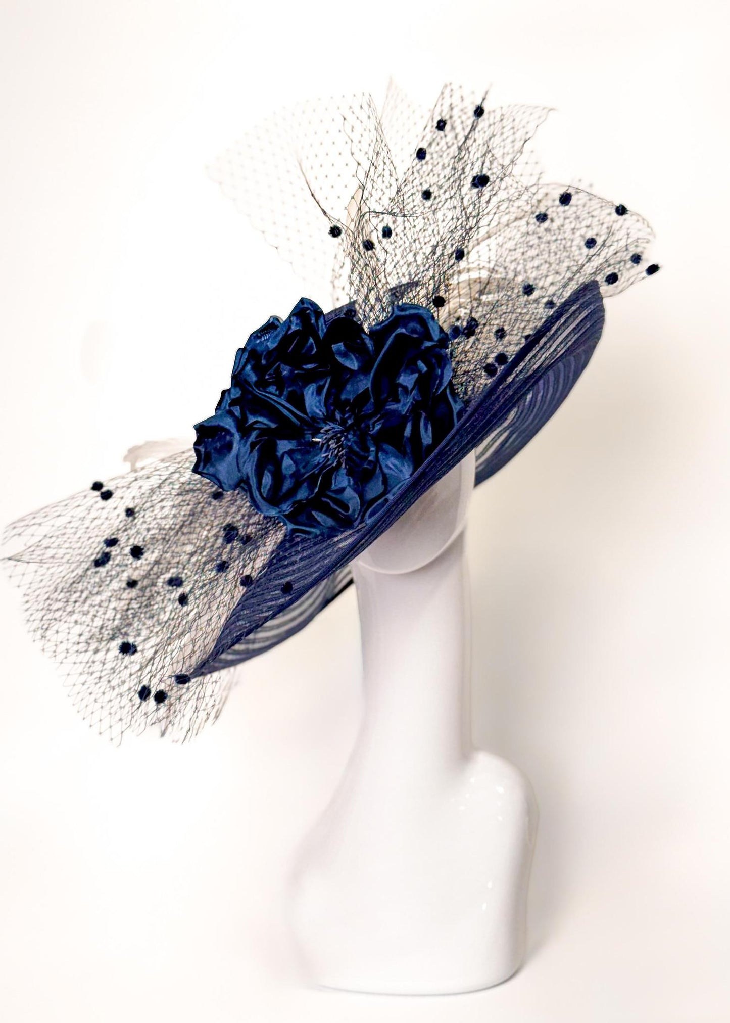 Navy horsehair and straw hat with large silk flower, white feathers and navy swiss dot netting, kentucky derby hat, derby headpiece, derby hat, handmade derby hat, madhatter 502 artisan derby headpiece