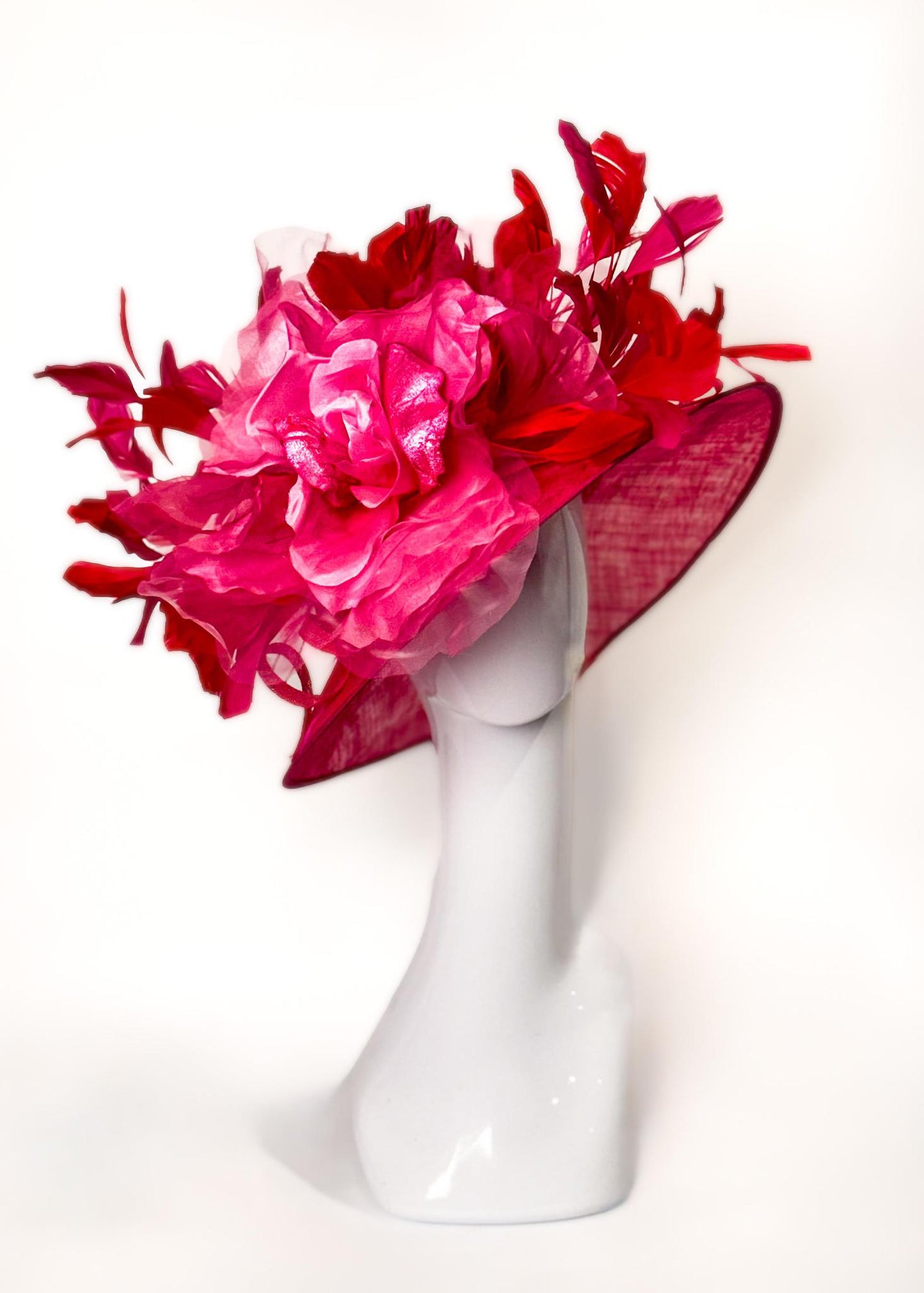 Fuchsia sinamay hat with large silk pink flower and red & fuchsia feathers, kentucky derby hat, handmade artisan headpiece, madhatter 502 derby headpiece
