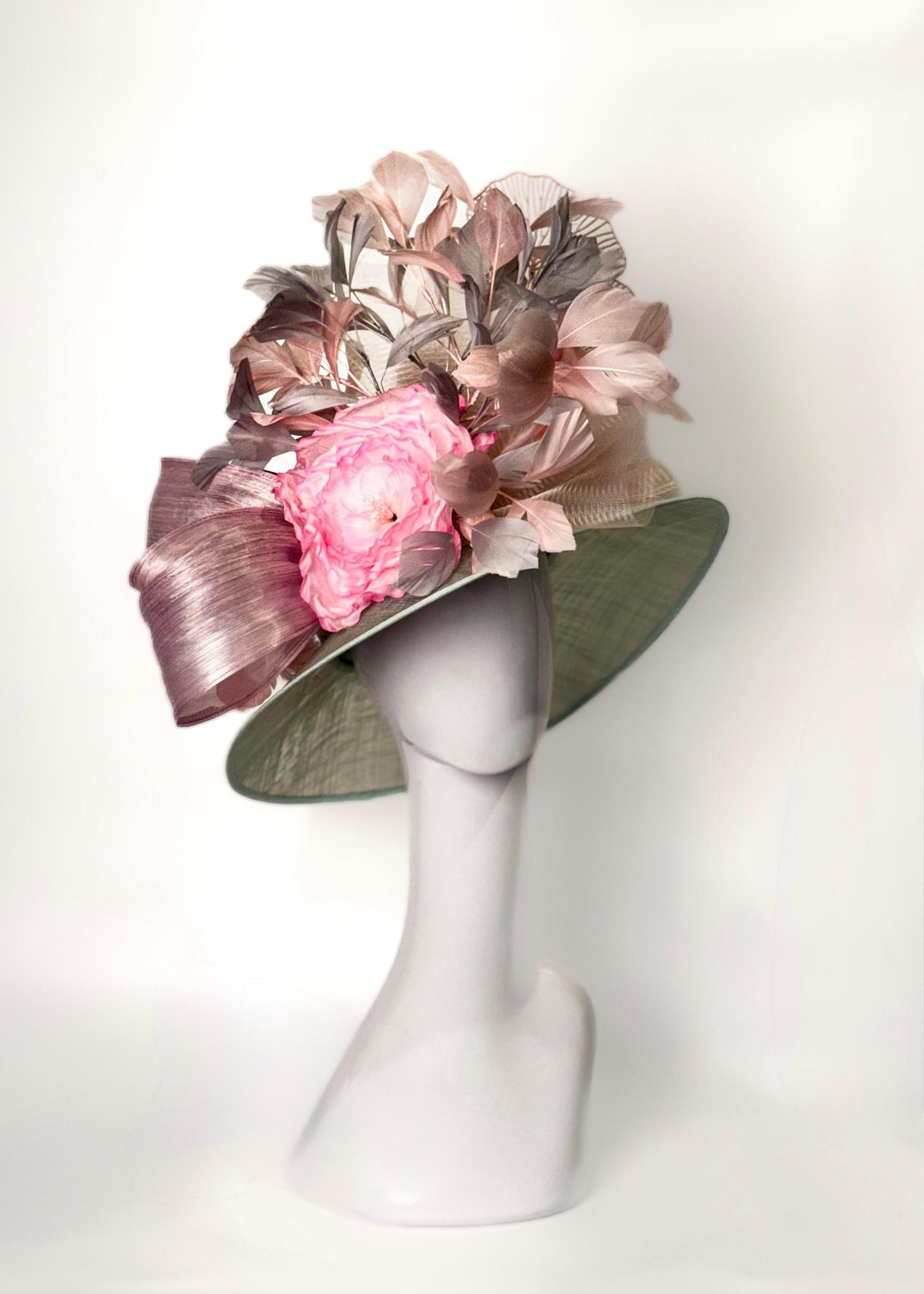 Mint green sinamay hat with pastel pink silk flower lined in pink, pastel pink and light blue feathers, cream horse hair, lavender bows, pastel fan accents, kentucky derby hat, derby hat, handmade derby hat, madhatter 502 derby hat, artisan kentucky derby headpiece, mamili boutique