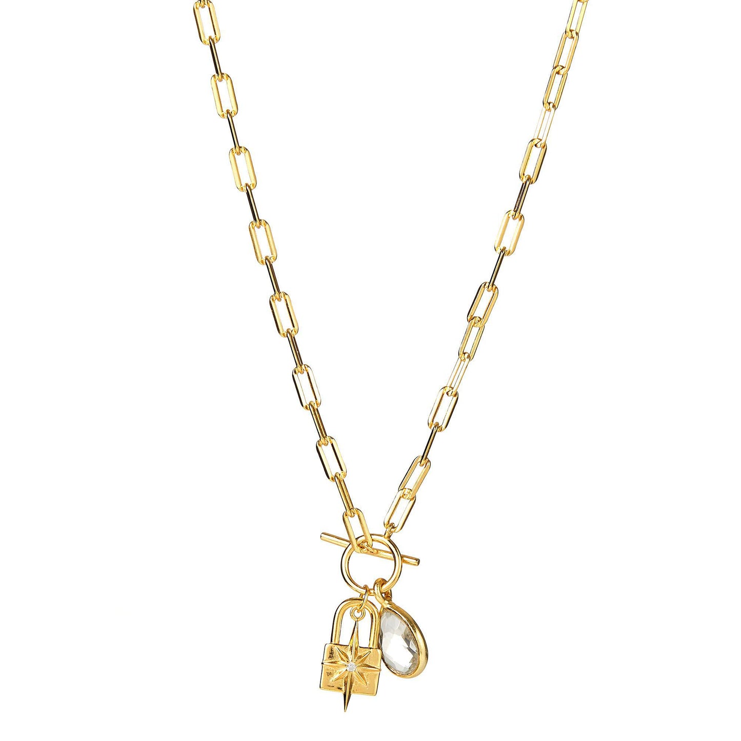 Elyssa Bass Chain, Lock, Crystal Necklace