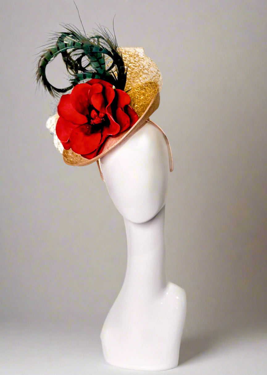Blush sinamay fascinator with crimson foam flower, sage & black pheasant feathers, metallic gold netting and sage green pom poms, kentucky derby fascinator