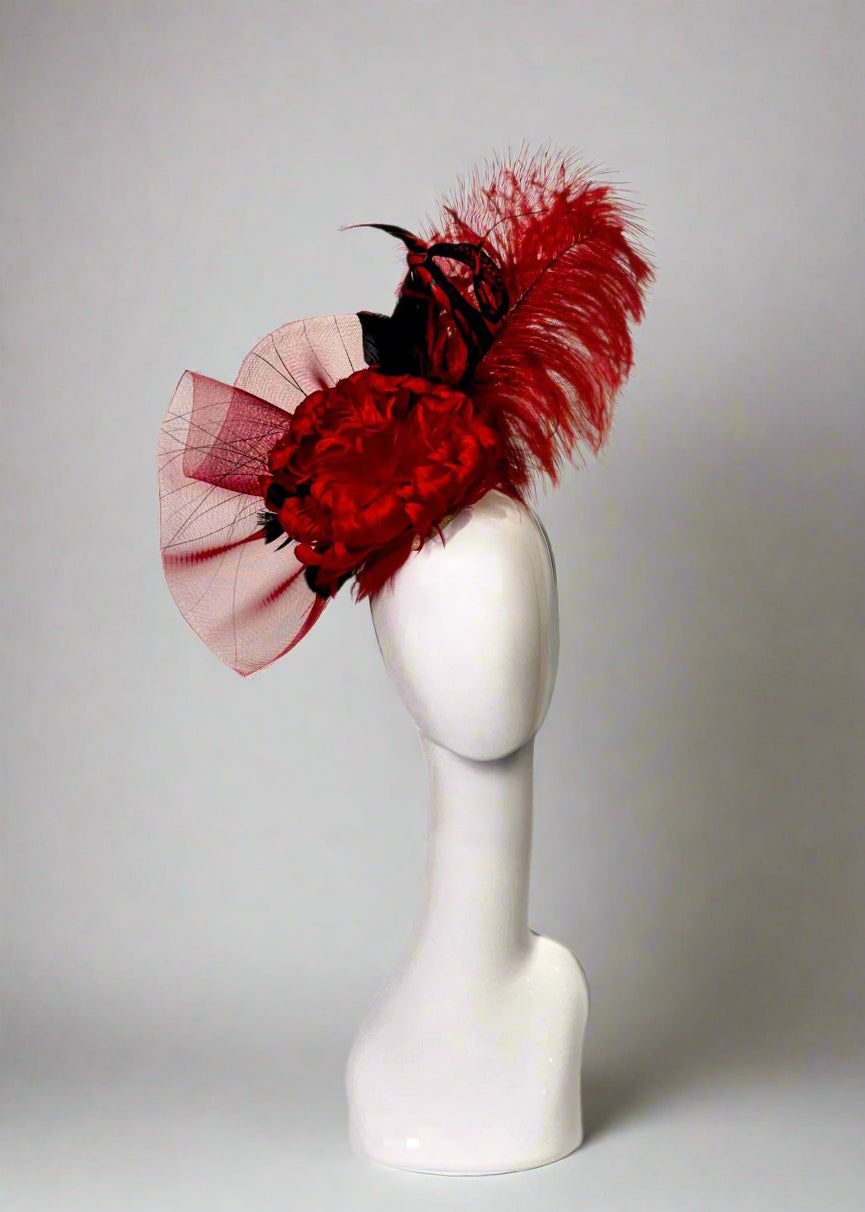 Cream sinamay fascinator with elastic band with red flower feather, red ostrich feather, black feathers, black and red pheasant feather, red horse hair and black ostrich feather accents, kentucky derby fascinator, mad hatter 502 derby headpiece