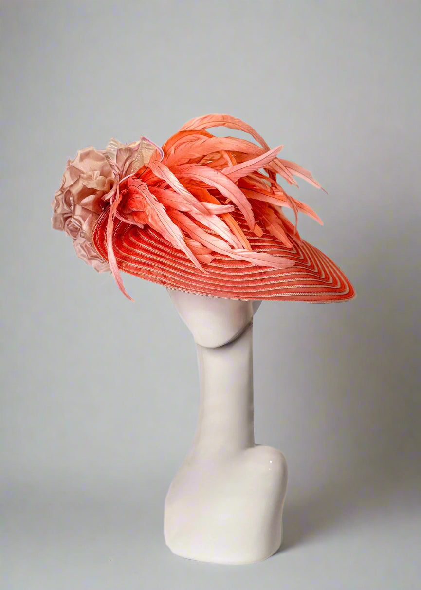 Light Pink & Peach straw and sinamay fascinator with light pink silk flowers & feather, light peach feathers and light pink horse hair ruffle accents, kentucky derby fascinator, derby fascinator, handmade artisan fascinator, madhatter 502 derby hats, fascinators, and headpieces
