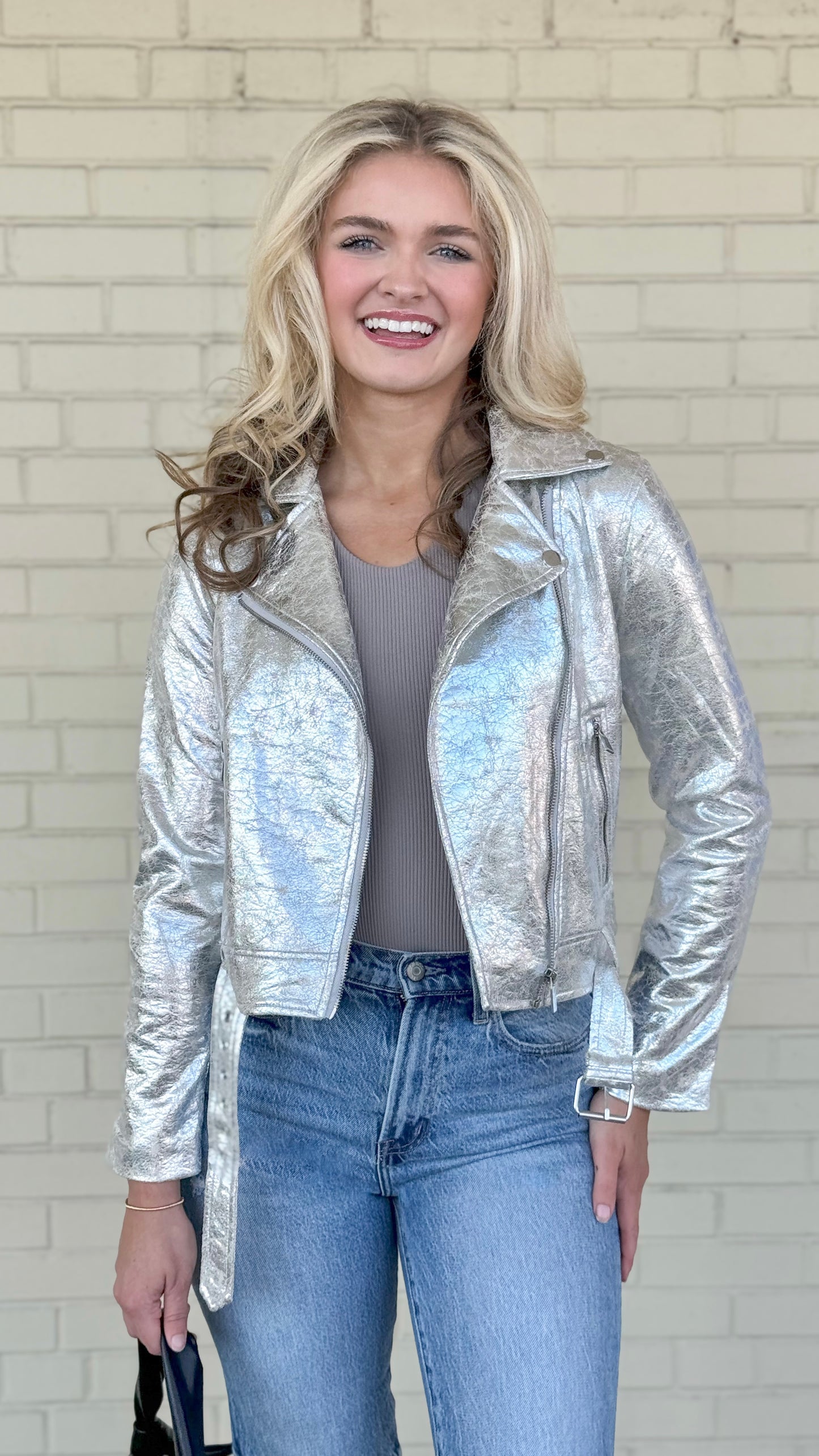 Love Token Women’s Silver Foil Motorcycle Jacket, Metallic Fall Layer, Silver Hardware with Belt and Zipper Pocket. 