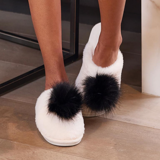 Ivory/Black Pom Slippers