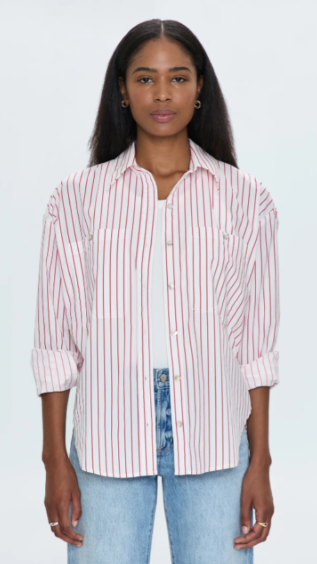 Pistola Samantha Button Up, Relaxed button up shirt with a boyfriend-inspired fit and feel. Front button chest pockets, collared neckline, and cuffed sleeves. Offered in a classic oxford white decorated with red wide vertical striping.

&nbsp;&nbsp;Length: 28 1/2”
• Model is 5’9” wearing size Small
• 55% Cotton / 45% Rayon