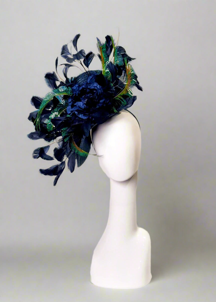Navy straw fascinator with horse hair bow detailing, navy silk flower, navy feathers, peacock blue sword feathers, kentucky derby fascinator, madhatter 502 derby fascinator, handmade derby headpieces at Mamili Boutique & Mad Hatter 502 in Louisville Kentucky