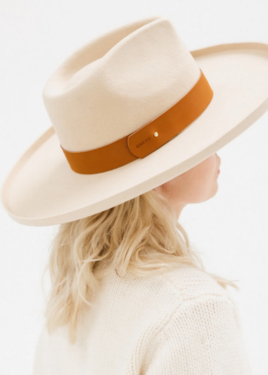 Gigi Pip Wide Leather Band Hat - Cognac