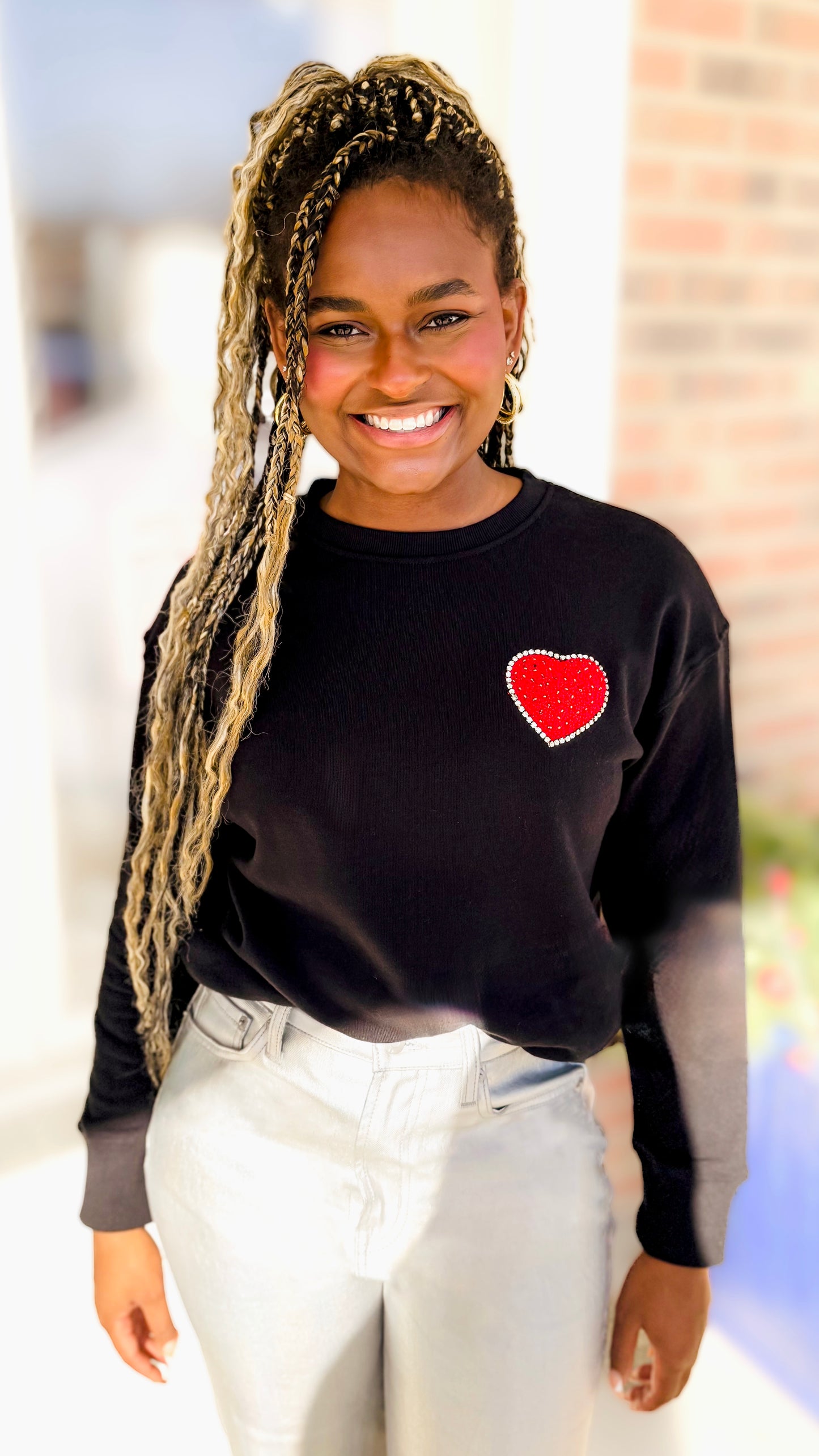 Shiraleah Black crew neck sweatshirt with red bling heart, Valentine’s Day sweatshirt