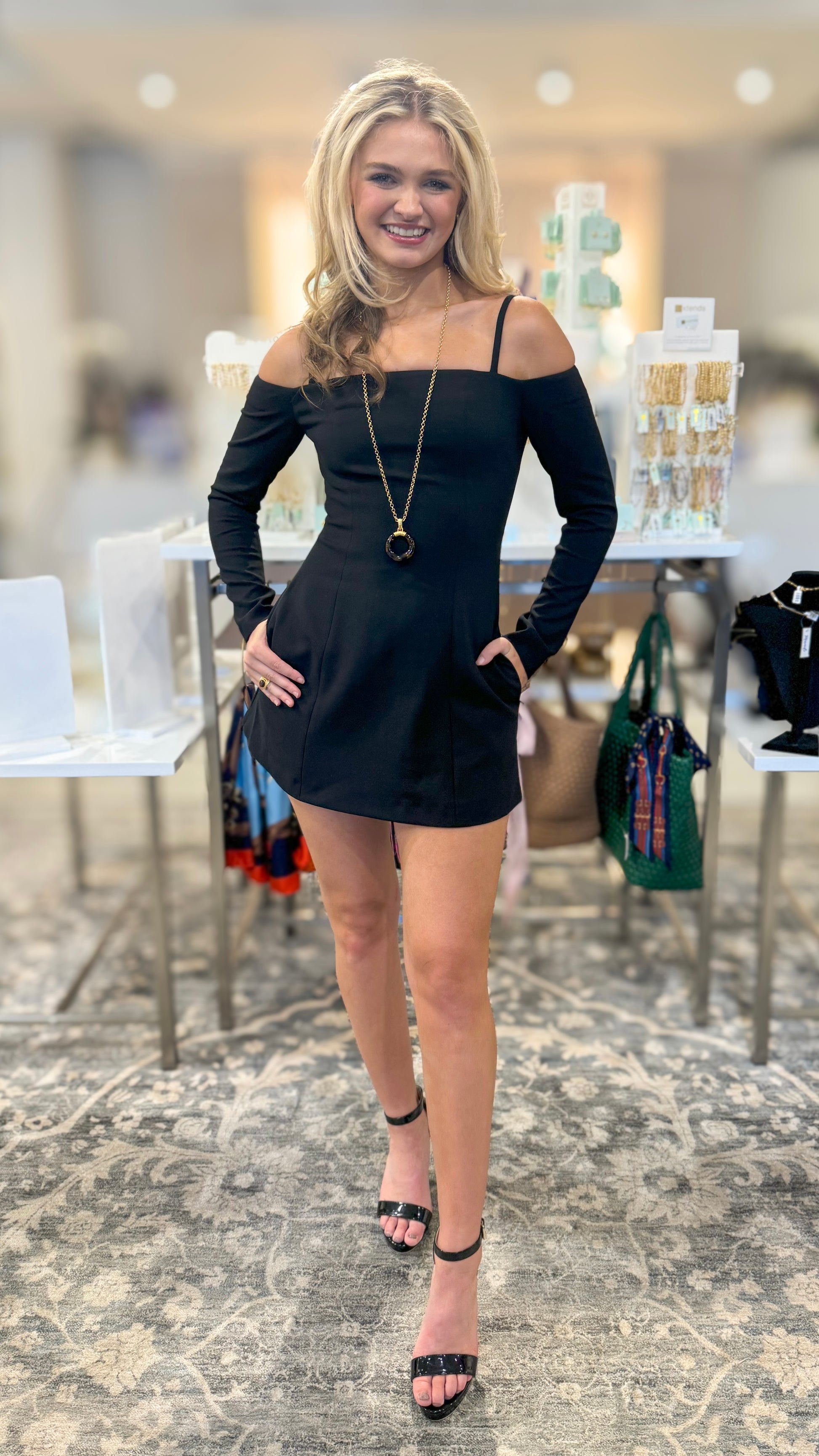 French Connection Whisper Off the Shoulder Dress, Mini dress, Fabric: smooth, soft, black, Long sleeves, Off-the-shoulder neckline, Flared skirt, Dance dress with pockets