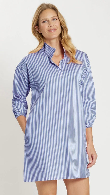 Jude Connally Florence Cotton Shirting Striped Dress with V-Neckline and 3/4 length puff sleeves