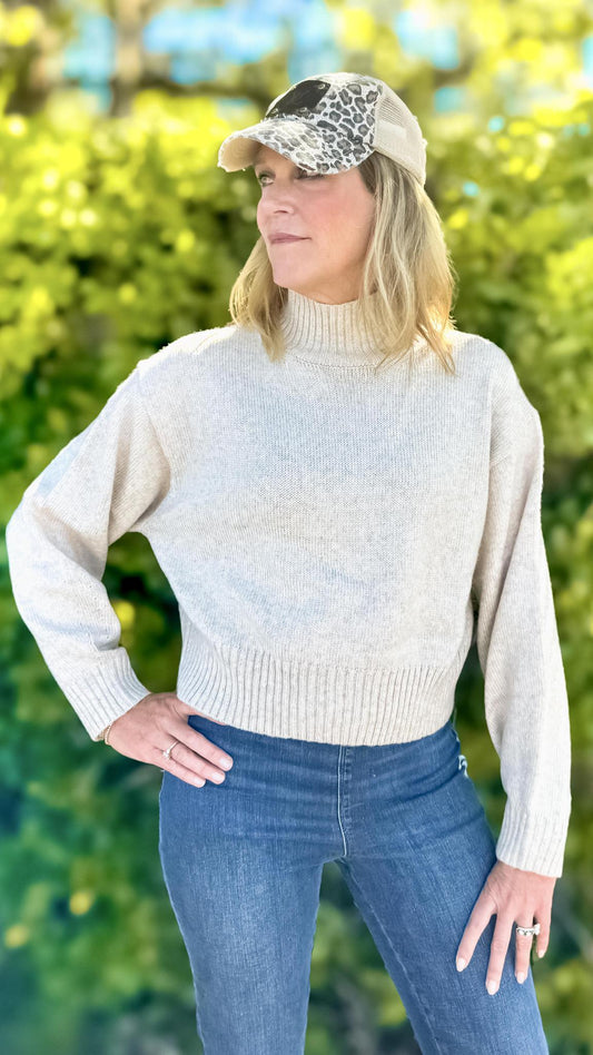 ASTR Fiala Mock Neck Sweater, Pullover Boxy Fit Oat Sweater with Ribbed Neck, Hem, and Sleeve Cuff