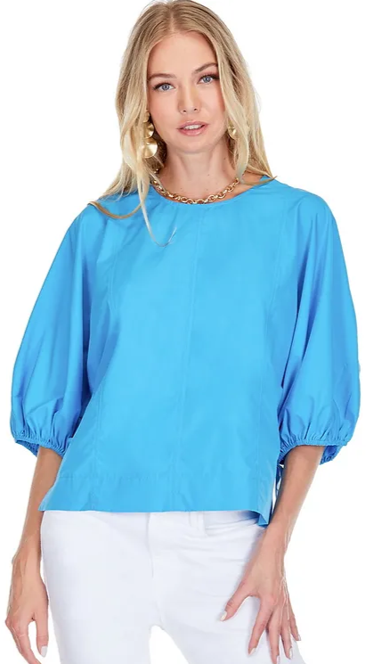 Vibrant blue round neck blouse with 3/4 length sleeves with pleating at the cuffs