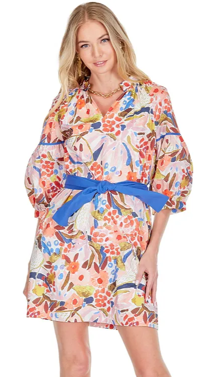 Floral 3/4 length sleeve dress, hits above the knee, split neckline, adjustable blue waist tie, pockets