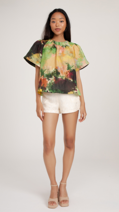 Lavender Brown Ashely Top, Abstract multicolor watercolor short statement sleeve blouse, round neckline