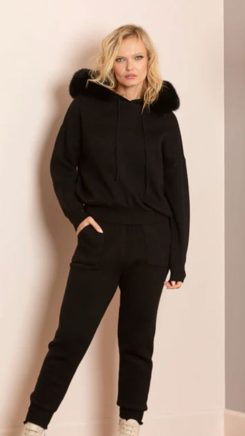 Jessie Liu Madilyn Wool Blended Hooded Sweater with Detachable Genuine Fur Trim.