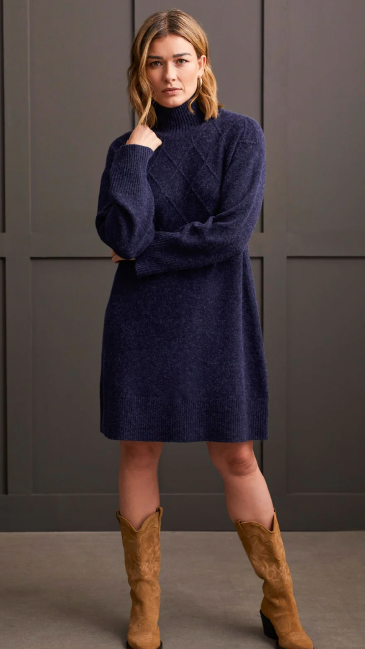 Tribal Soft Bouclé Diamond Pattern Mock Neck Navy Sweater Dress