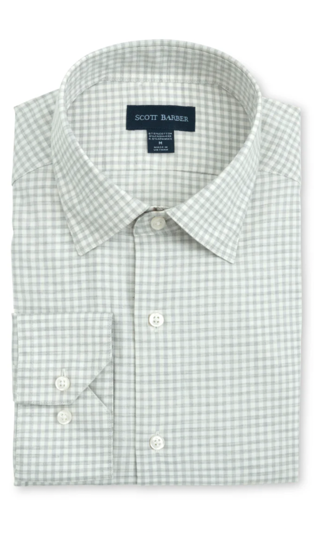 Scott Barber Men's Cotton Cashmere Grey and White Checkered Button Down with Back Knife Pleats, French Placket, Pointed Collar, Machine Washable. 