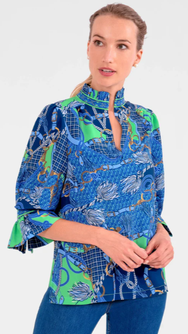 Gretchen Scott Ruffle Neck Blue Tunic Top, Available in Sizes XS through 3X