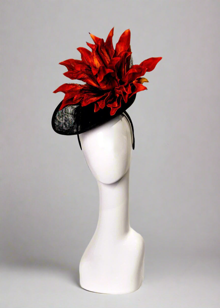 Black sinamay fascinator with large burnt orange foam flower, black feathers, black grass accents and horse hair ruffle accents, kentucky derby fascinator, mad hatter 502 handmade derby headpieces