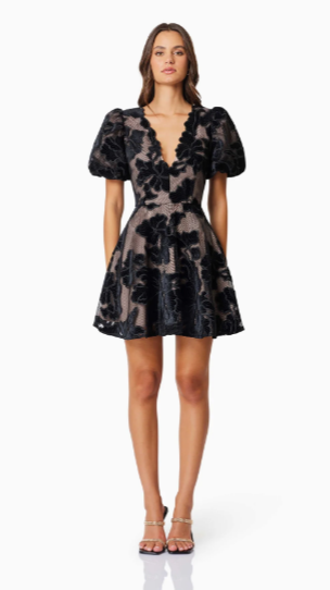 Elliatt Puff Sleeve Party Dress, V-Neckline, Flattering silhouette, fitted at waist, flounce skirt, mini length, black floral