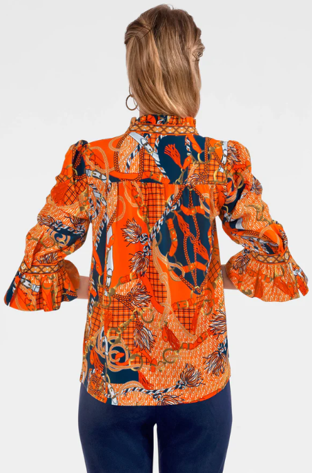 Gretchen Scott Ruffle Neck Orange Tunic Top