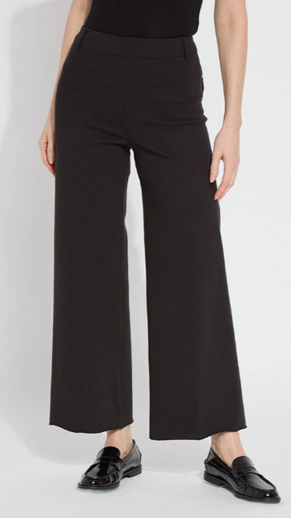 Made from 4-way stretch lightweight Ponte, these high-waisted, wide-leg pants feature a concealed patented waistband, back patch pockets with a center back gunmetal stud, beltloops and topstitching. Offering an extra-wide leg without side seams, the Erin High Waist Wide Leg Ponte showcases a cropped, ankle length and raw-edge hem that’s simple to shorten.