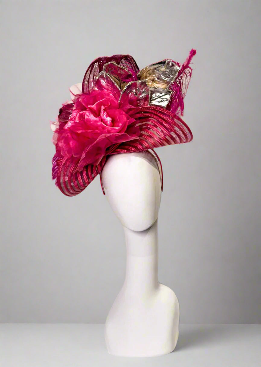 Pink horsehair and straw fascinator with large pink silk flower, pink horsehair bow accents, silver leaf accents, magenta &amp; silver metallic bows, fuchsia ostrich feathers and hydrangea flower accents, kentucky derby fascinator mad hatter 502